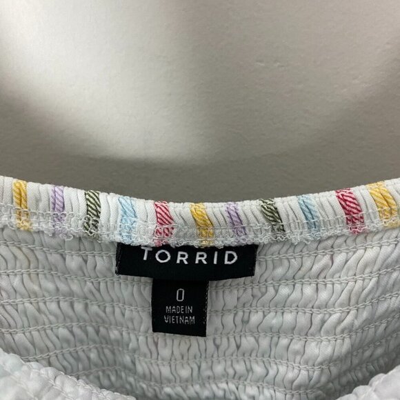 Torrid Ruffle Strap Midi Challis Pastel Smocked Striped Dress Size 0 or Large - Picture 4 of 9